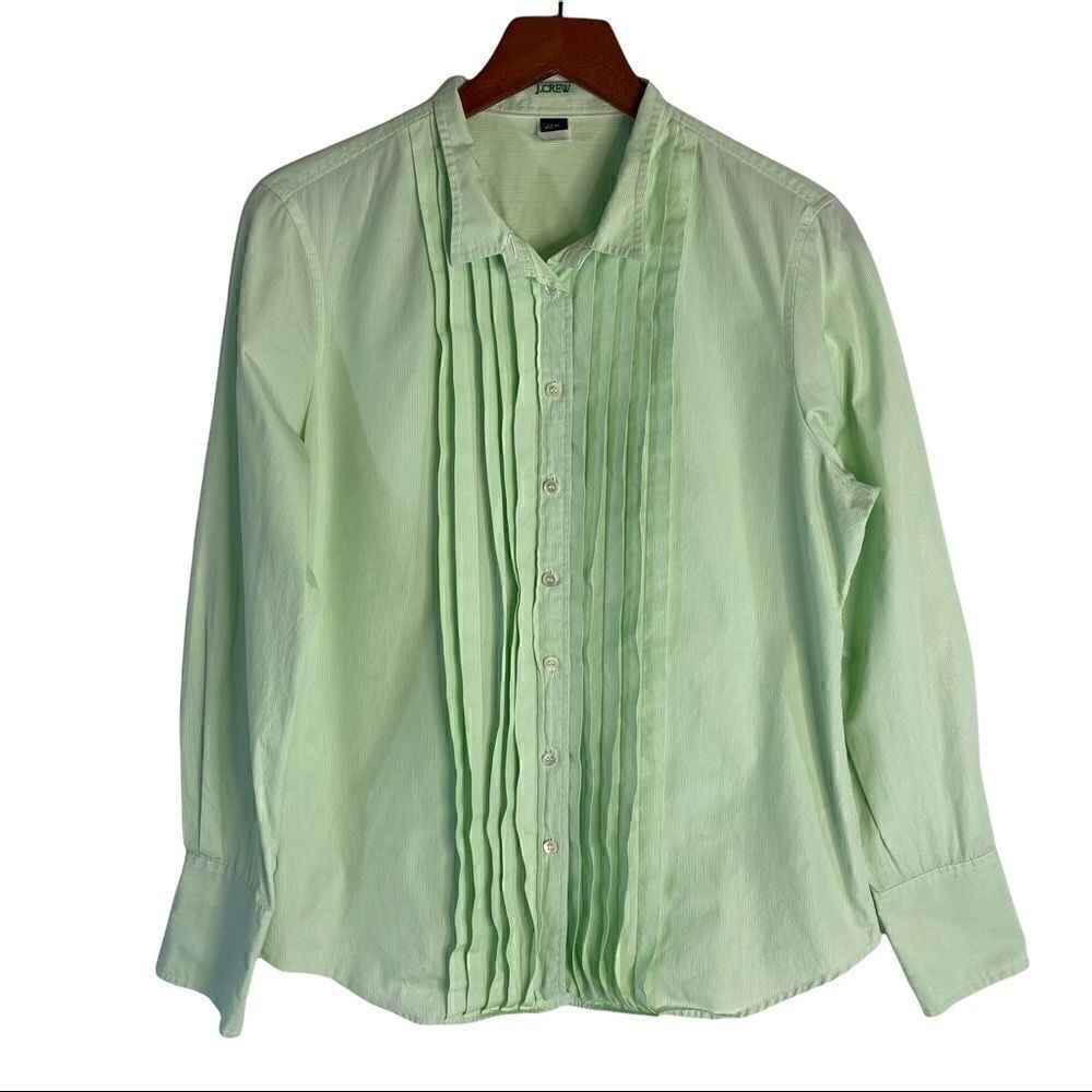 J.Crew Women's Large Slim Fit Green Gingham Ruffleneck Tuxedo Shirt 100% Cotton